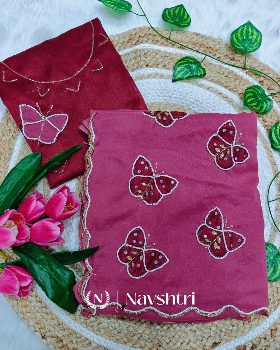 Image00001 Wonderful Pink Georgette Butterfly Hand Work Saree - Image 1