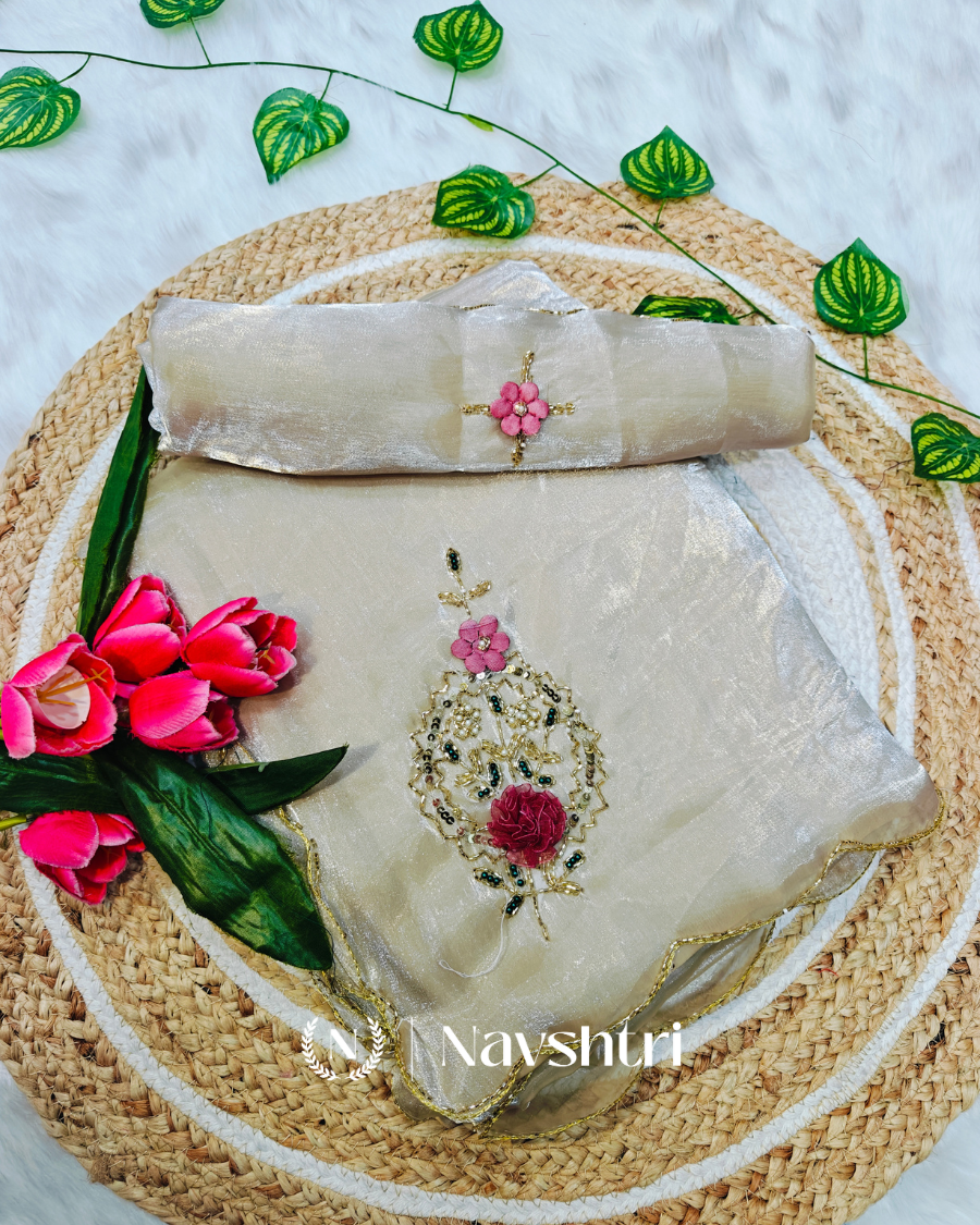Image00001 Winsome Beige Jimmy Choo Hand Work Saree - Image 1