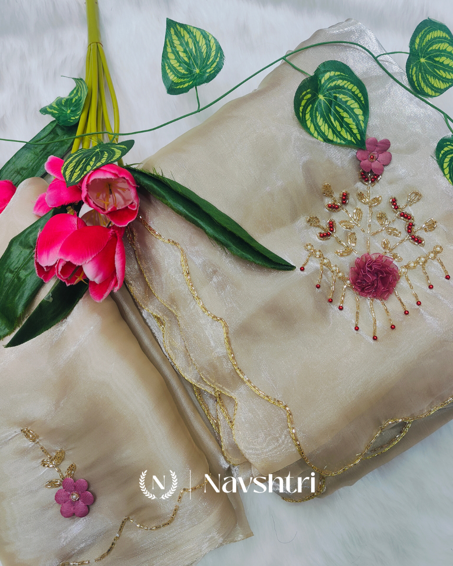 Image00001 Winsome Beige Jimmy Choo Hand Work Saree - Image 1