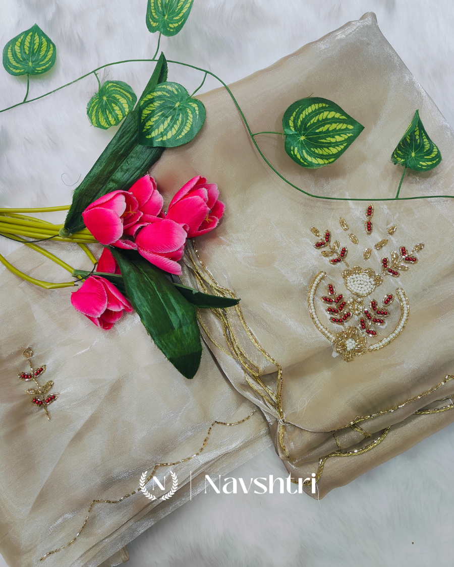 Image00001 Winsome Beige Jimmy Choo Hand Work Saree - Image 1