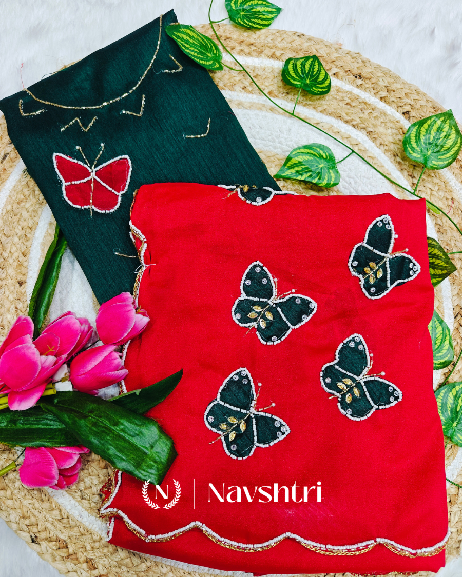 Image00001 Nectarous Red Georgette Butterfly Hand Work Saree - Image 1