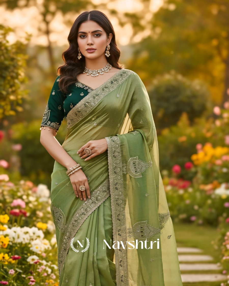 Image00001 Beautiful Green Embroidery Work Chiffon Silk Saree With Fairytale Full Stitched Blouse - Image 1