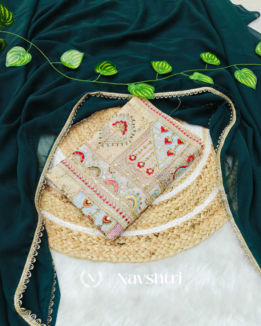 Image00001 Devastating Dark Green Georgette Silk Saree With Embroidery Work Blouse Piece - Image 1