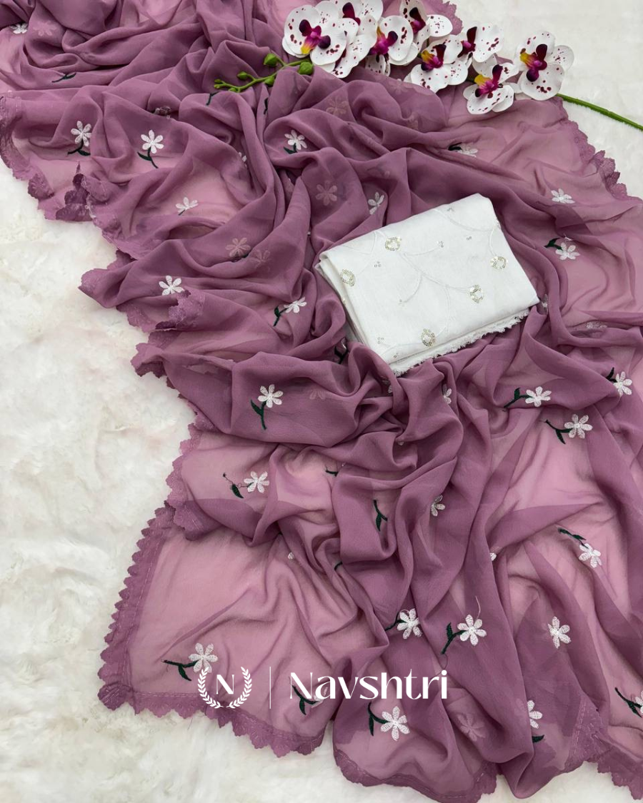 Image00001 Light Purple Georgette Saree with Embroidery and Sequence Work Blouse Piece - Image 1