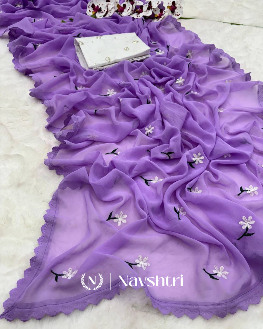 Image00001 Purple Georgette Saree with Embroidery and Sequence Work Blouse Piece - Image 1