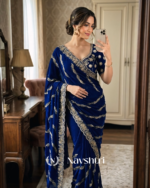 Admirable Navy Blue Fendy Silk Sequence Embroidery Work Saree With Stitched Blouse