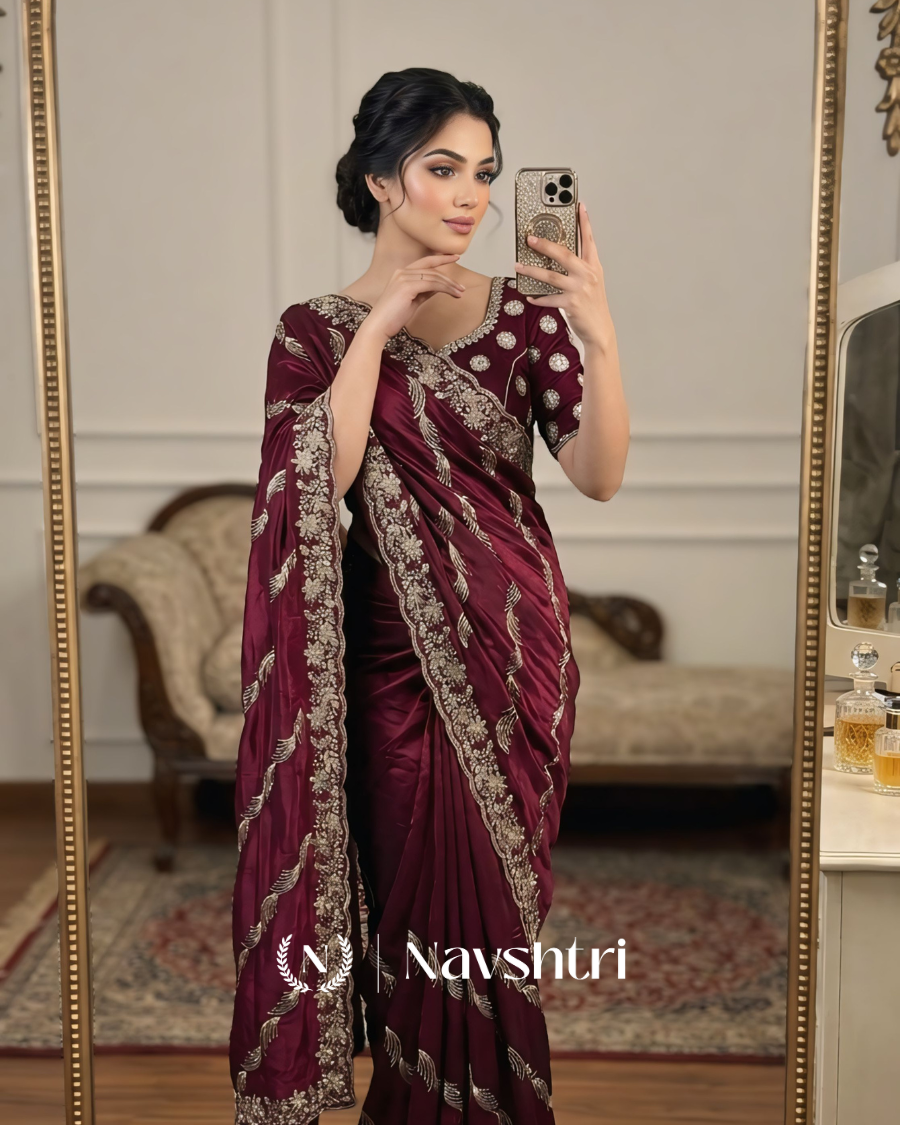 Image00001 Dalliance Maroon Fendy Silk Sequence Embroidery Work Saree With Stitched Blouse - Image 1