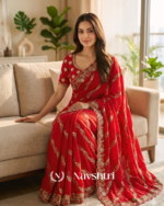 Blooming Red Fendy Silk Sequence Embroidery Work Saree With Stitched Blouse