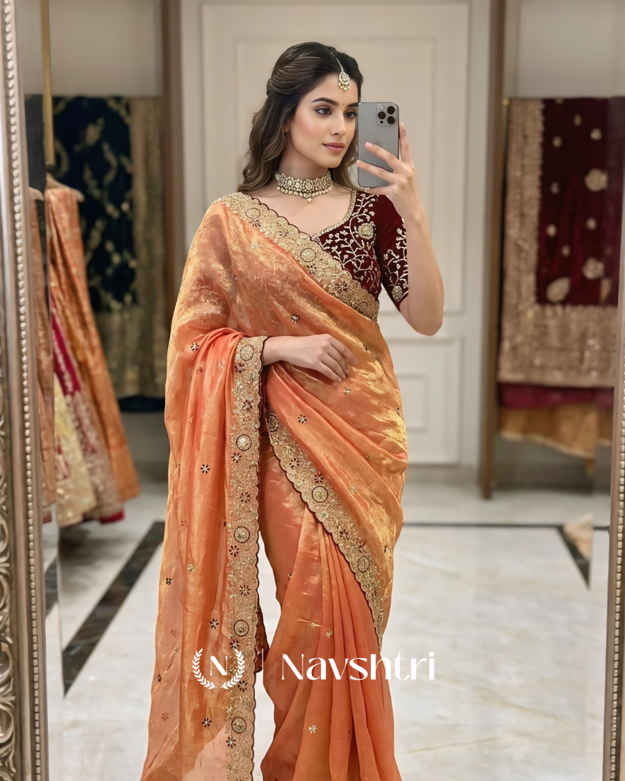 Image00001 Resplendent Orange Fendy Chiffon Silk Sequence Embroidery Work Saree With Stitched Blouse - Image 1