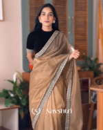 Wonderful Brown Twill Net Embroidery Work Saree With Velvet Blouse Piece