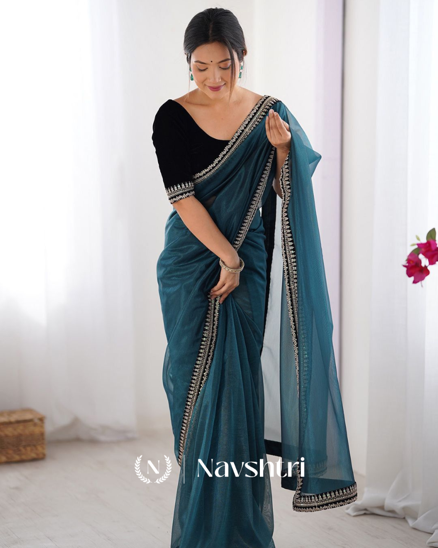 Image00001 Blissful Rama Twill Net Embroidery Work Saree With Velvet Blouse Piece - Image 1