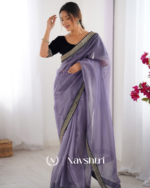Flattering Lavender Twill Net Embroidery Work Saree With Velvet Blouse Piece