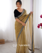 Classy Beige Twill Net Embroidery Work Saree With Velvet Blouse Piece - Image 2