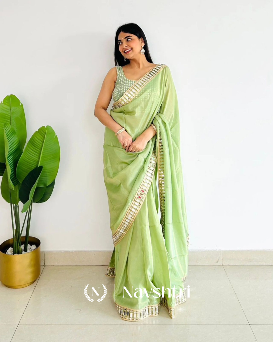 Image00001 Dazzling Pista Satin Silk Mirror Work Saree With Splendorous Blouse Piece - Image 1