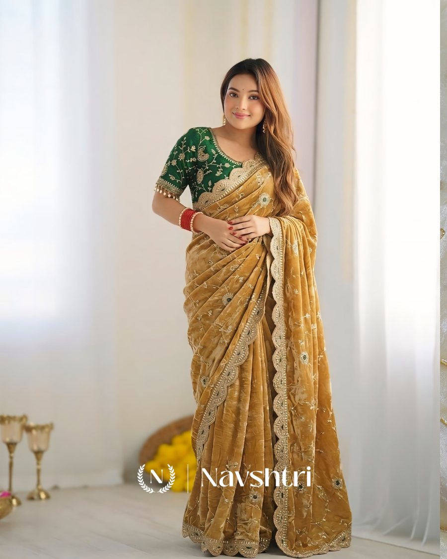 Image00001 Ornate Mustard Fendy Silk Sequence Embroidery Work Saree With Stitched Blouse - Image 1