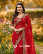 Nemesis Red Embroidery Work Fancy Silk Saree With Engrossing Full Stitched Blouse