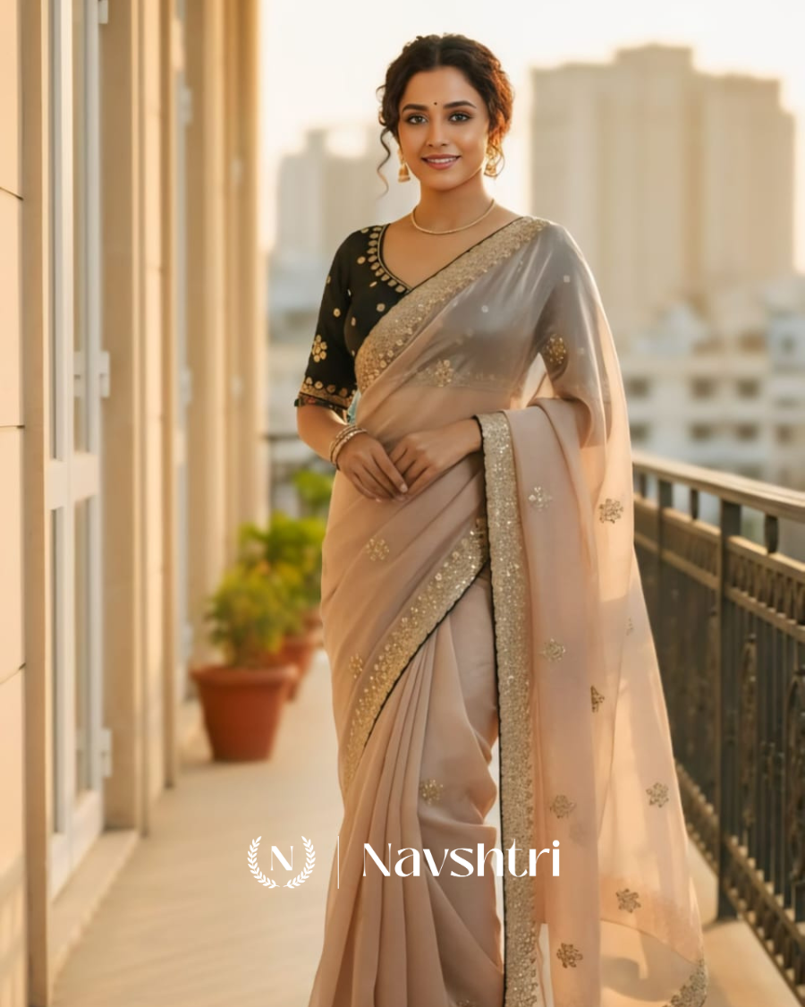Image00001 Splendorous Beige Embroidery Work Jimmy Choo Silk Saree With Lagniappe Full Stitched Blouse - Image 1