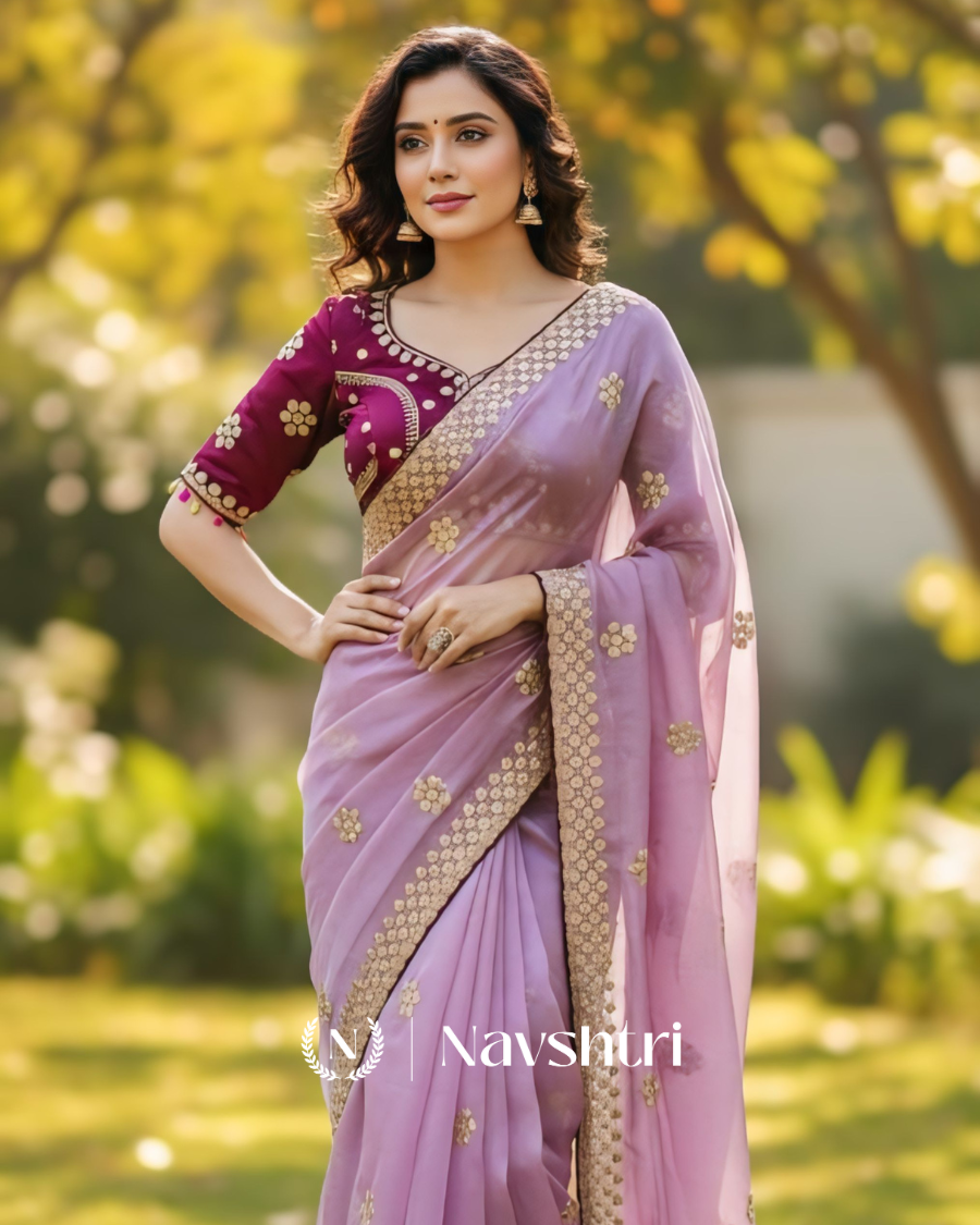 Image00001 Ethereal Lavender Embroidery Work Jimmy Choo Silk Saree With Scrumptious Full Stitched Blouse - Image 1