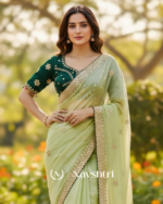 Innovative Pista Embroidery Work Jimmy Choo Silk Saree With Blooming Full Stitched Blouse