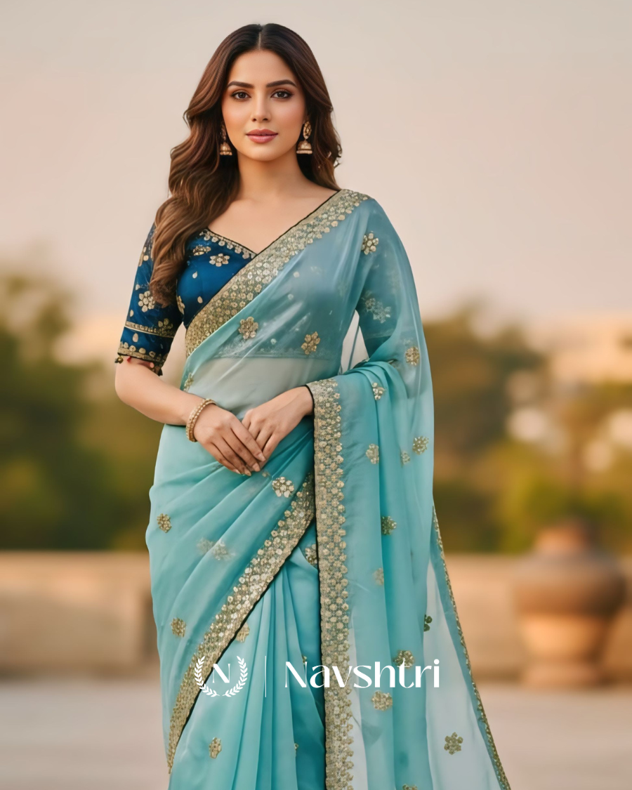 Image00001 Nectarous Sky Embroidery Work Jimmy Choo Silk Saree With Incomparable Full Stitched Blouse - Image 1