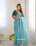 Prettiest Sky Fendy Silk Sequence Embroidery Work Saree With Stitched Blouse