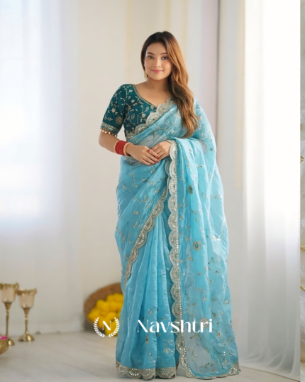 Prettiest Sky Fendy Silk Sequence Embroidery Work Saree With Stitched Blouse