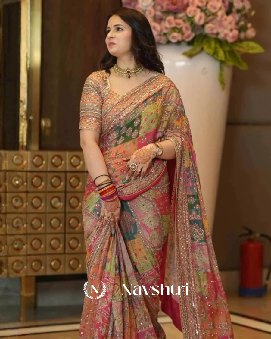 Image00001 Pulsating Multicolor Chinon Silk Printed Mirror Work Saree - Image 1