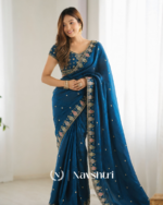 Lovely Blue Fendy Silk Sequence Embroidery Work Saree With Stitched Blouse