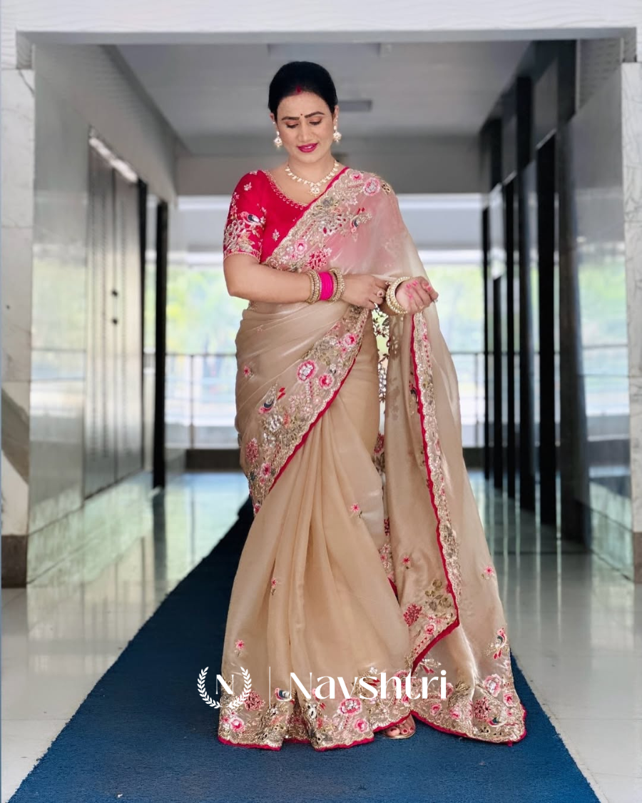 Image00001 Enticing Beige Embroidery Work Jimmy Choo Silk Saree With Ephemeral Blouse Piece - Image 1