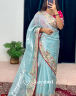 Wonderful Sky Embroidery Work Jimmy Choo Silk Saree With Surreptitious Blouse Piece - Image 2