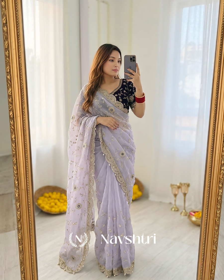 Image00002 Redolent Lavender Fendy Silk Sequence Embroidery Work Saree With Stitched Blouse - Image 1