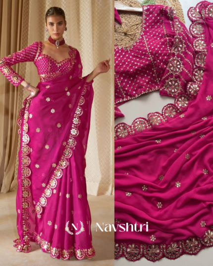 Ailurophile Dark Pink Embroidery Work Soft Georgette Silk Saree With Allure Full Stitched Blouse