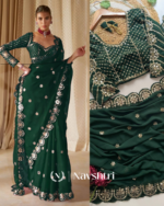 Entrancing Dark Green Embroidery Work Soft Georgette Silk Saree With Serendipity Full Stitched Blouse