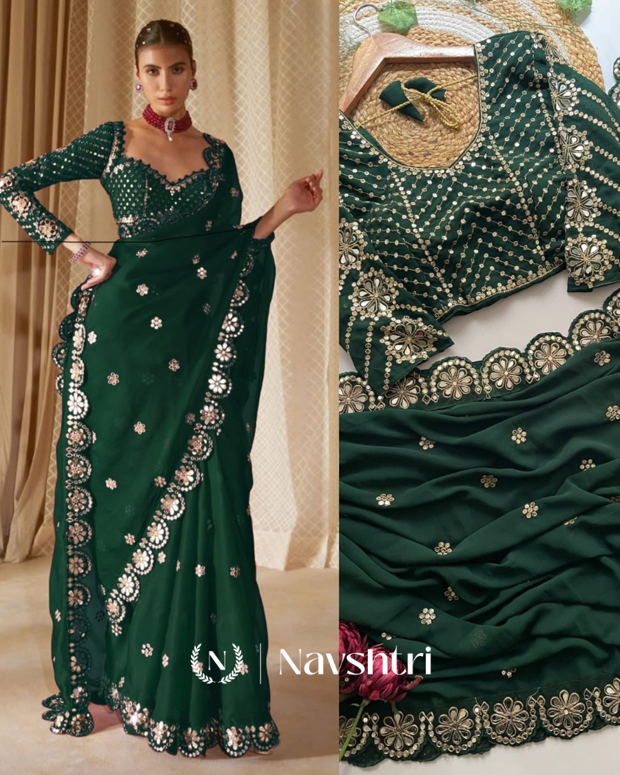Image00002 Entrancing Dark Green Embroidery Work Soft Georgette Silk Saree With Serendipity Full Stitched Blouse - Image 1