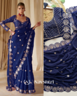 Bucolic Navy Blue Embroidery Work Soft Georgette Silk Saree With Incredible Full Stitched Blouse
