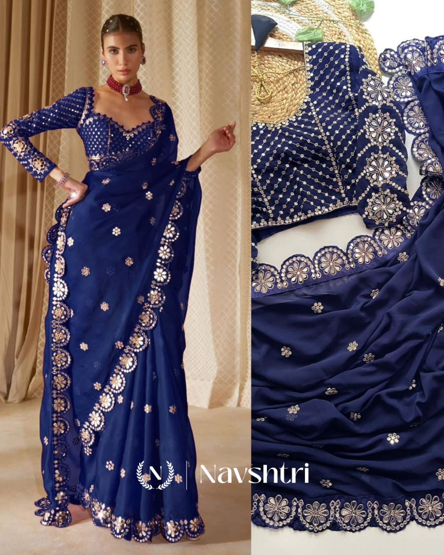 Image00002 Bucolic Navy Blue Embroidery Work Soft Georgette Silk Saree With Incredible Full Stitched Blouse - Image 1