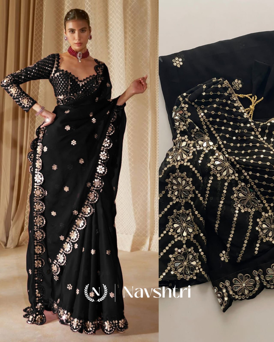 Image00002 Tremendous Black Embroidery Work Soft Georgette Silk Saree With Charismatic Full Stitched Blouse - Image 1