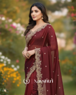 Elegant Wine Embroidery Work Fancy Silk Saree With Comely Full Stitched Blouse - Image 3