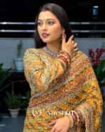 Improbable Yellow Chinon Silk Printed Mirror Work Saree - Image 2