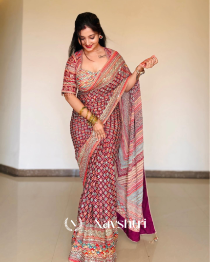 Tantalizing Multicolor Chinon Silk Printed Mirror Work Saree