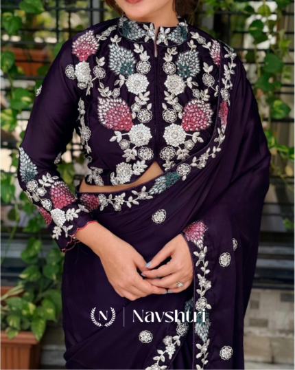 Majestic Purple Rangoli Silk Sequence Embroidery Work Saree With Stitched Blouse