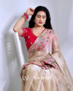 Enticing Beige Embroidery Work Jimmy Choo Silk Saree With Ephemeral Blouse Piece - Image 2