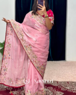 Bewitching Pink Embroidery Work Jimmy Choo Silk Saree With Redolent Blouse Piece - Image 3