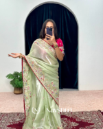 Sonorous Pista Embroidery Work Jimmy Choo Silk Saree With Adorable Blouse Piece - Image 2