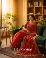 Blooming Red Fendy Silk Sequence Embroidery Work Saree With Stitched Blouse - Image 2