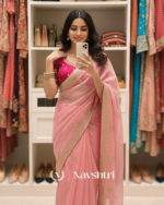 Denouement Pink Embroidery Work Jimmy Choo Silk Saree With Marvellous Full Stitched Blouse - Image 2