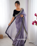 Flattering Lavender Twill Net Embroidery Work Saree With Velvet Blouse Piece - Image 2