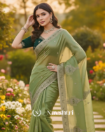 Beautiful Green Embroidery Work Chiffon Silk Saree With Fairytale Full Stitched Blouse - Image 2