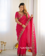 Proficient Dark Pink Fendy Silk Sequence Embroidery Work Saree With Stitched Blouse - Image 3