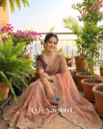 Enamoring Peach Fendy Silk Sequence Embroidery Work Saree With Stitched Blouse - Image 3